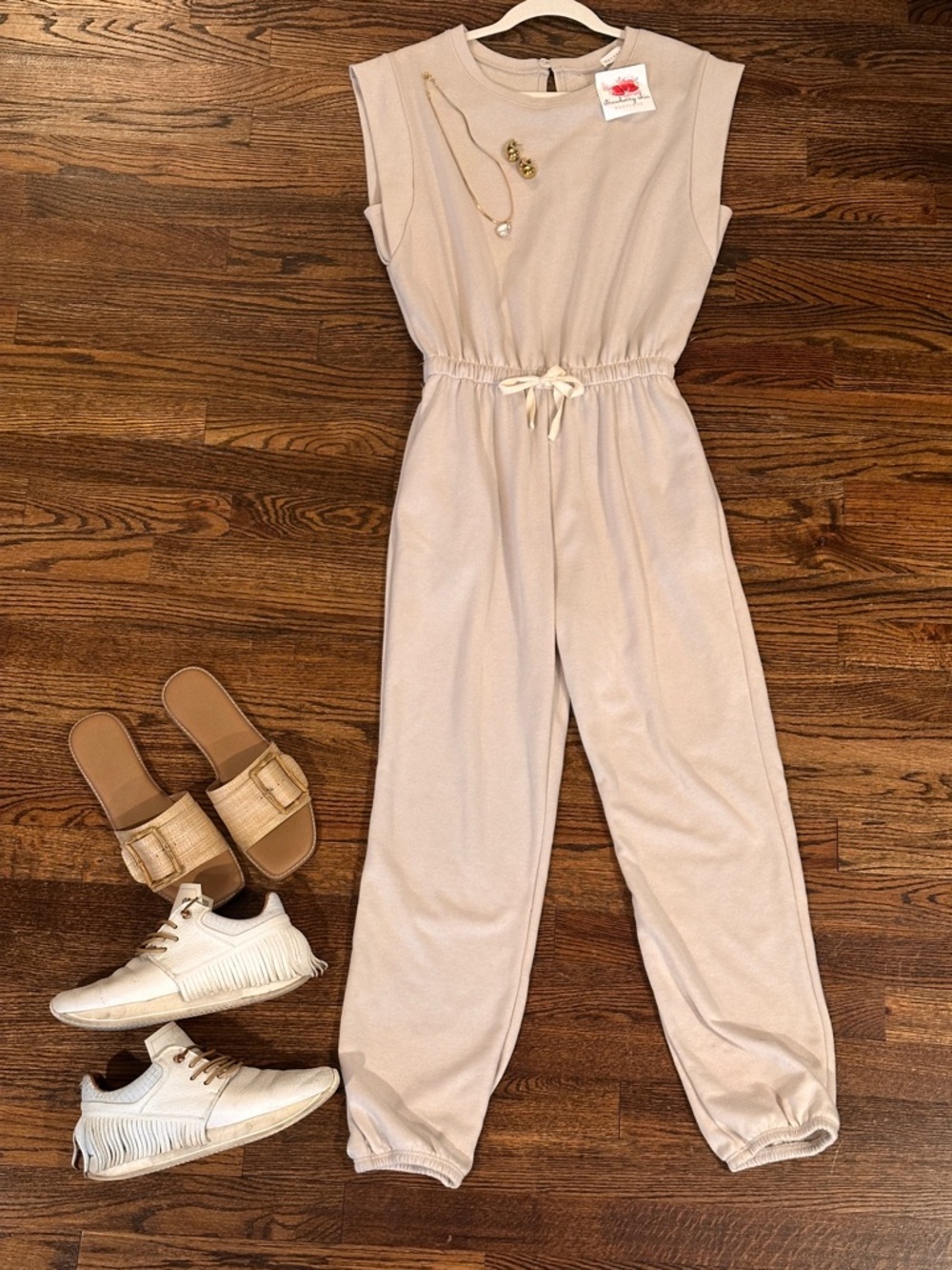 NWT Sleeveless Drawstring Jumpsuit in Light Beige